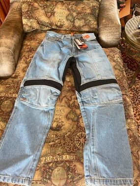 ICON Men's Light Blue Jeans with Black Reinforced Panels for riding